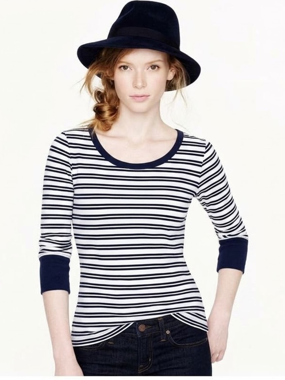 J.Crew Painter Tee Boat Neck Midnight Navy Black White Stripes 3/4 Sleeve Small